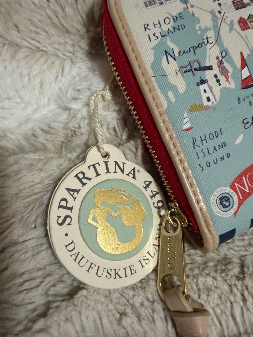 NWT Spartina 449 Light Blue Nautical Map Zip Wallet with Red Trim - Picture 3 of 7